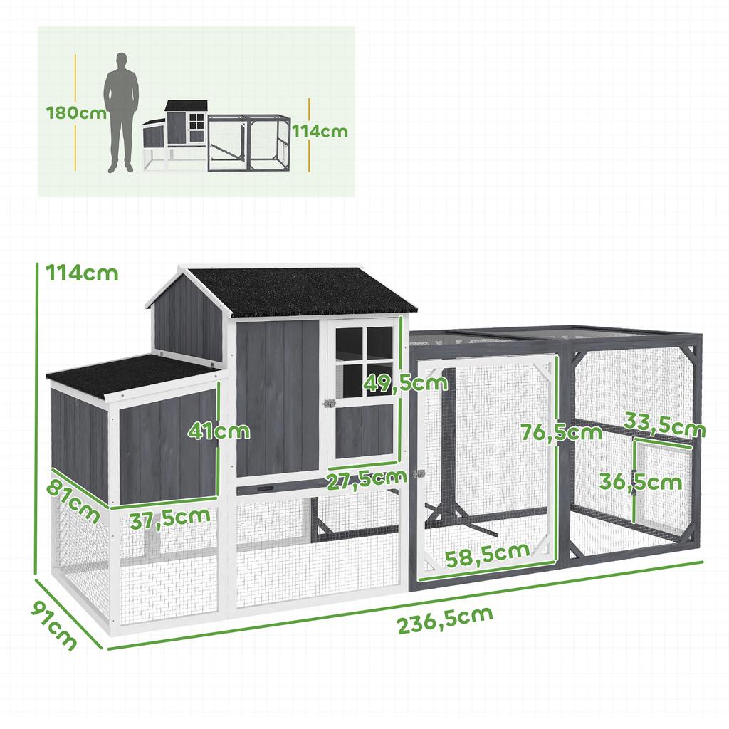 Pollaio con Recinto per 3-4 Galline, Nido a 3 Scomparti, Superficie 1,9 m², Legno di Abete, Grigio