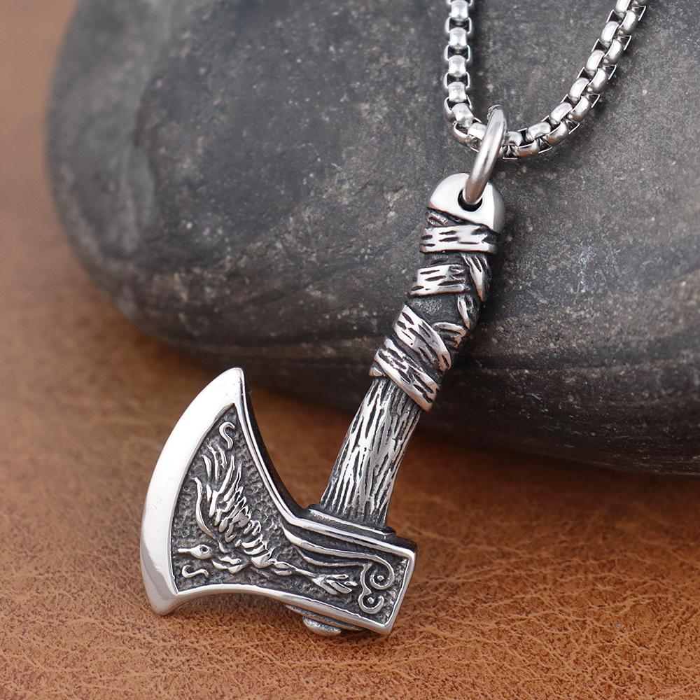 Boutique Stainless Steel Viking Wolf and Odin Crow Axe Pendant Necklace Vintage Men's Nordic Popular Jewelry for Birthday Gifts