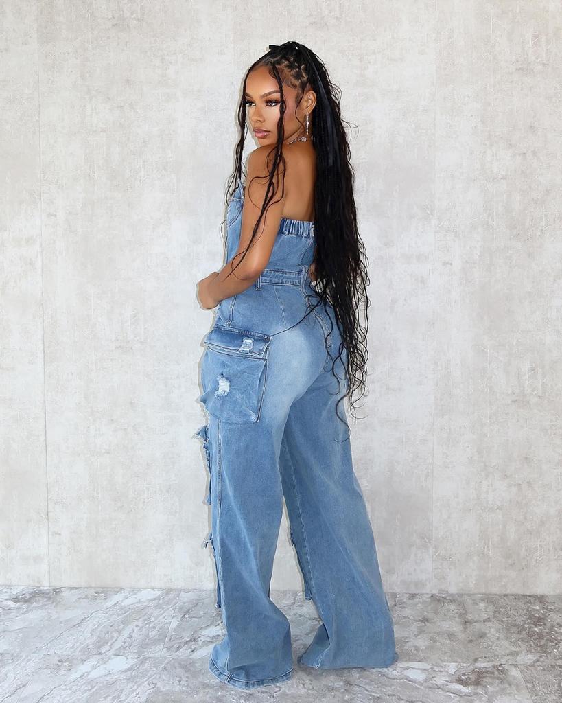 European & American Casual Strapless Slim-Fit Denim Jumpsuit for Women