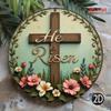 He Is Risen Easter Cross Metal Sign 7.8 Inch Vintage Floral Religious Wall Art Resin Decor