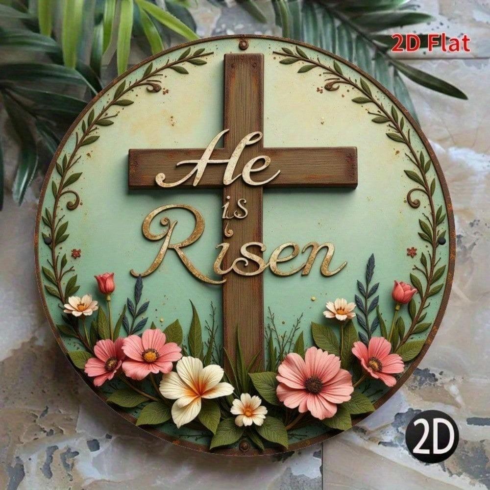 He Is Risen Easter Cross Metal Sign 7.8 Inch Vintage Floral Religious Wall Art Resin Decor