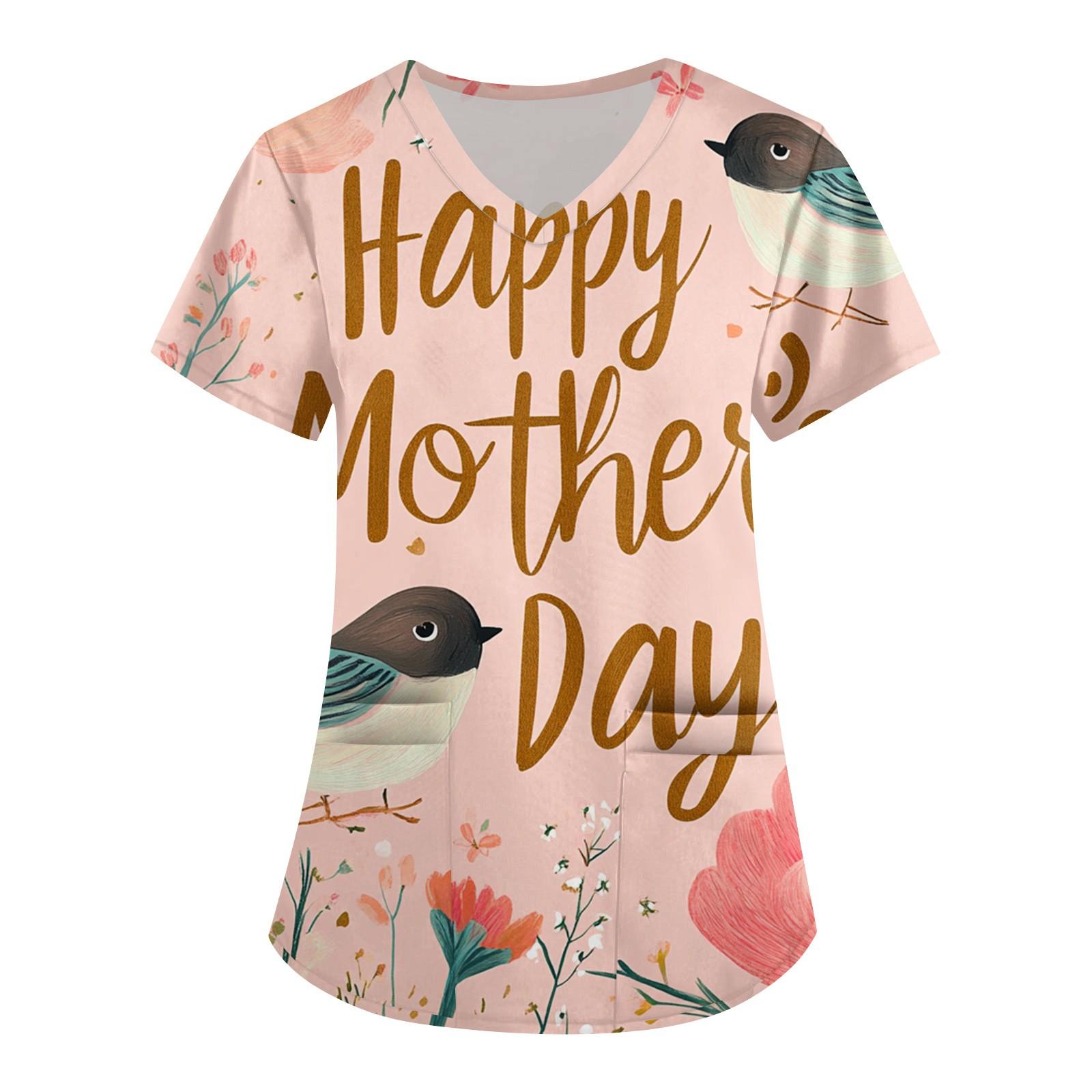 

Women s Fashion V-neck Short-sleeved Work Clothes With Pockets Mother s Day Print Top Care Wear XXXL розовый