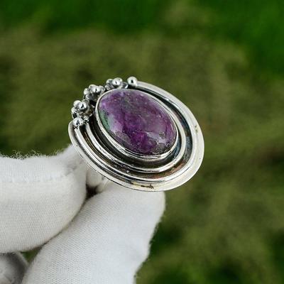 Gift For Women Solitaire Adjustable Ring 925 Silver Natural Ruby Zosite Gemstone