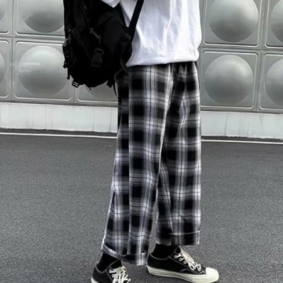 Men Pants Plaid Streetwear Wide Leg Elastic Waist Loose Sports Pants Trousers for Autumn