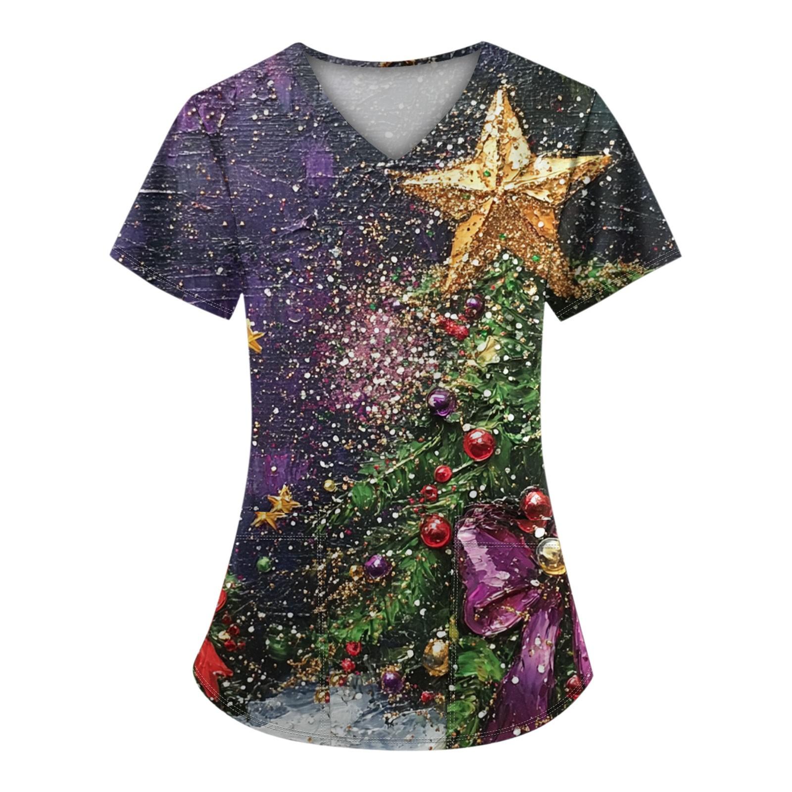 

Женский топ с короткими рукавами и рождественским принтом, V-образным вырезом и карманом XXXL фиолетовый