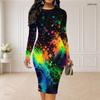 Women Plus Size Round Neck Long Sleeve Colorful Splash Printed Bodycon Midi Dress