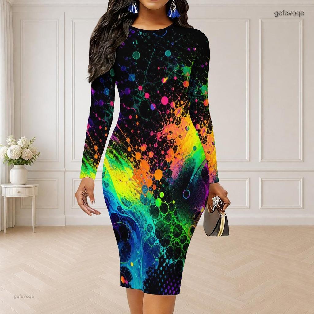 Women Plus Size Round Neck Long Sleeve Colorful Splash Printed Bodycon Midi Dress