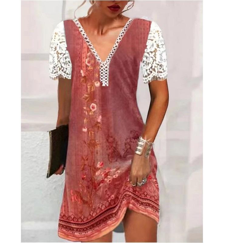 QICED Moda Yaz Bahar Kısa Kollu V Yaka Günlük Elbiseler