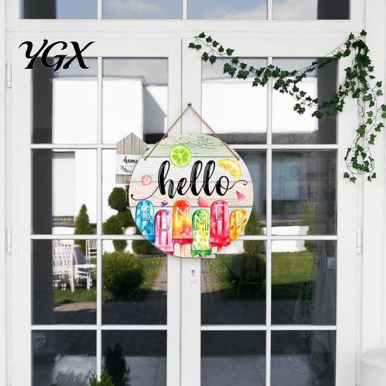 Tropical Wall Decor Hello Summer Door Sign, Ice Pop Flip Flop Welcome Hanger, Party Decoration Farmhouse Hanging Wooden Wreath for Front Home