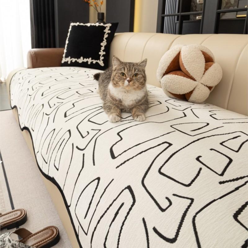 Summer Chenille Black White Sofa Cushion Covers Non-Slip All-Season Irregular Straight Fit Elegant Home Decor Slip-Resistant