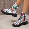 Fashion Women's Flowers Printed Short Boots Autumn Winter New Fashion Comfortable Casual Shoes Thick Middle Heel Side Zip Ankle Botas