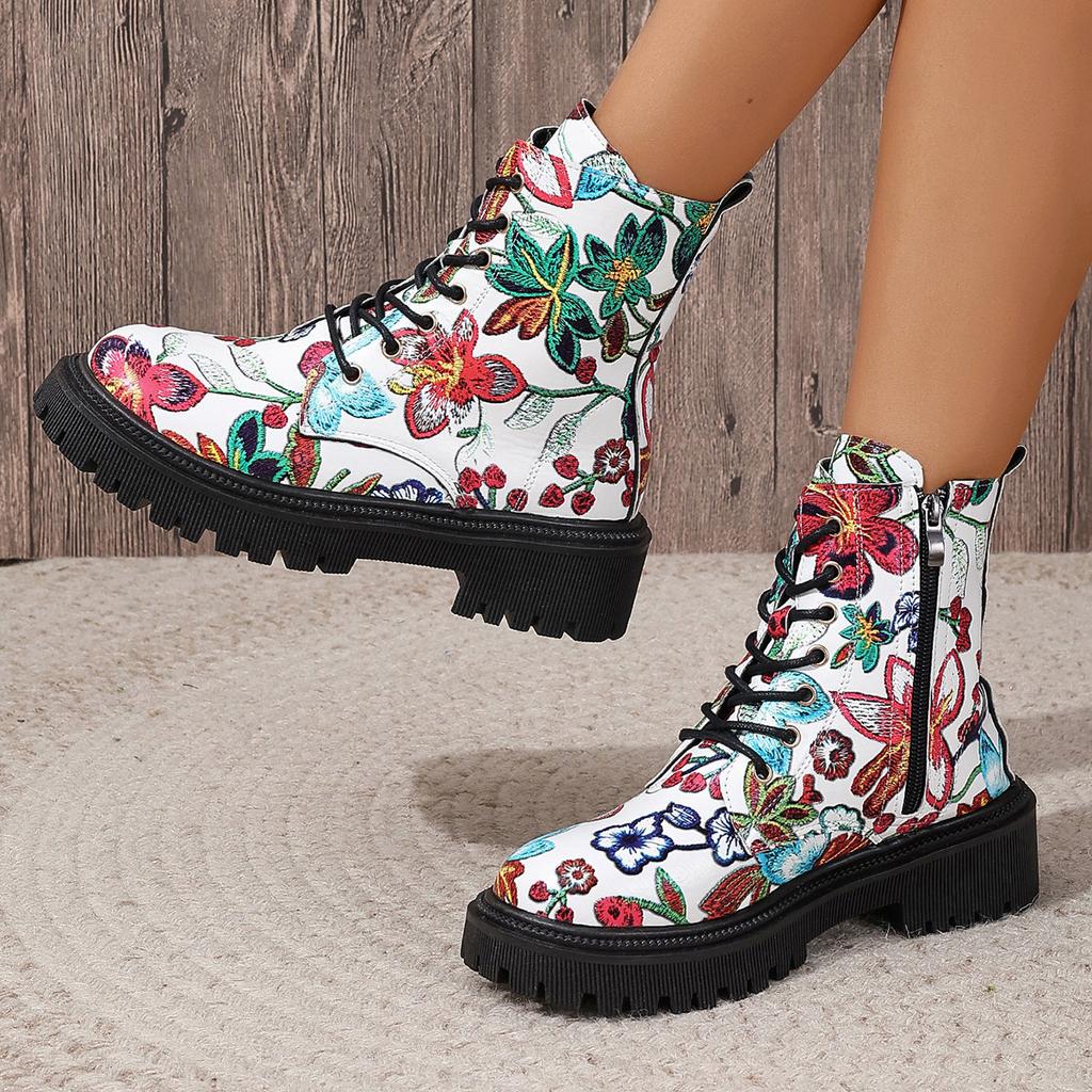 Fashion Women's Flowers Printed Short Boots Autumn Winter New Fashion Comfortable Casual Shoes Thick Middle Heel Side Zip Ankle Botas