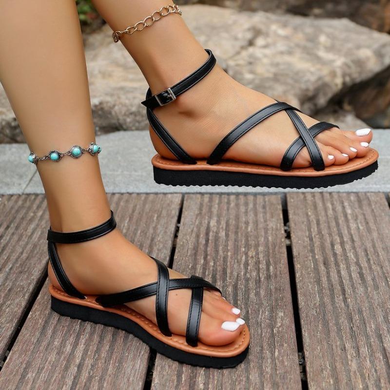 Fashion Retro Cross-Tied Flat Sandals for Women 2025 Summer Light Comfort Gladiator Shoes Plus Size Casual Ankle Buckle Platform Sandals