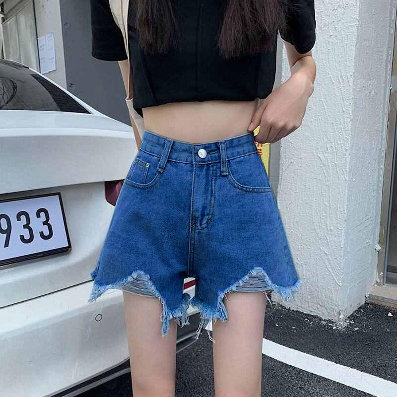 Pantaloncini di Jeans Neri a Vita Alta Comodi Skinny alla Moda e Versatili da Donna Sezione Sottile Gamba Larga Larghi Sottili con Bordo Grezzo Estivi