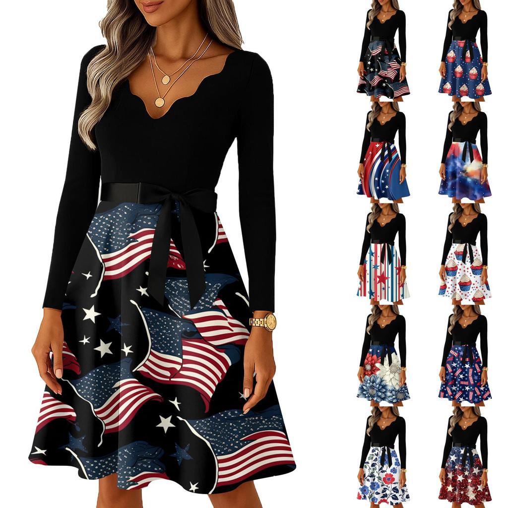 Flag Dress for Women Long Sleeve Floral Print 4Th Of July Dresses for Women Patriotic Dress Scalloped Neckline Usa Dress