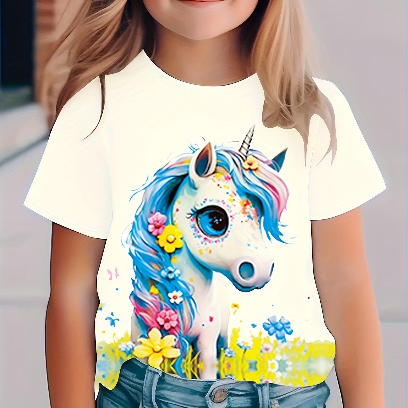 

Модная футболка с коротким рукавом и принтом в виде мультяшного единорога 3D Digital Full Print для девочек 160