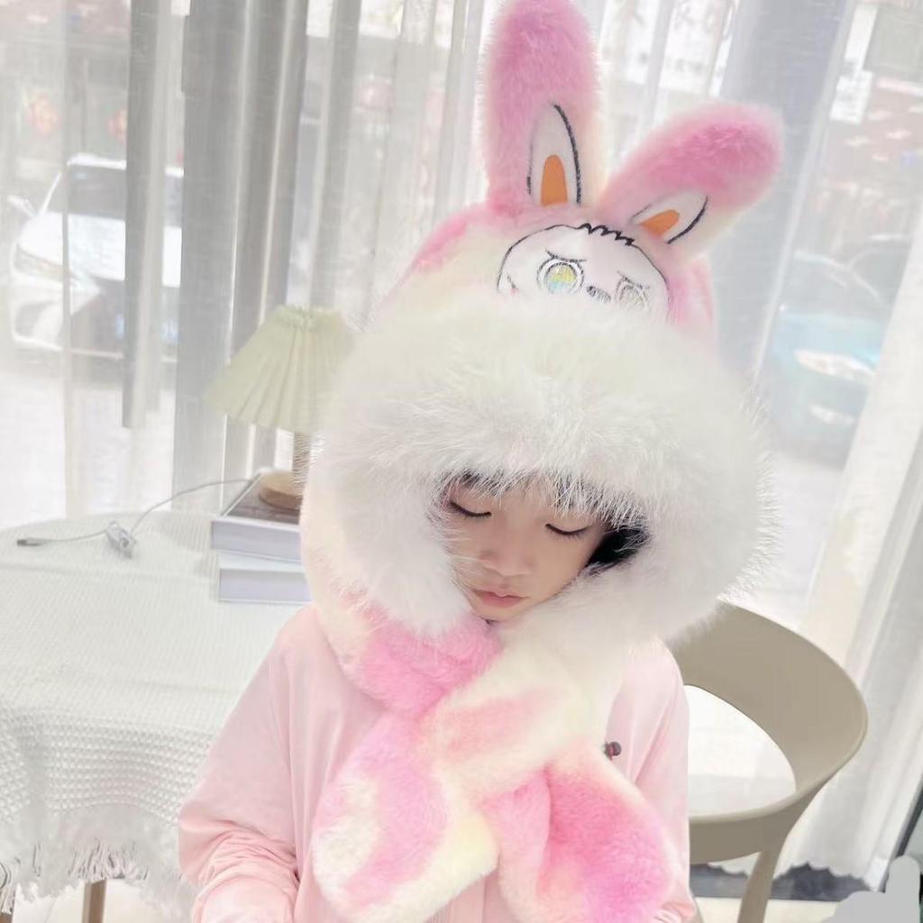 All-in-One Cartoon Embroidery Hat, Scarf & Gloves for Kids - Windproof & Warm with Ear Protection for Autumn & Winter.