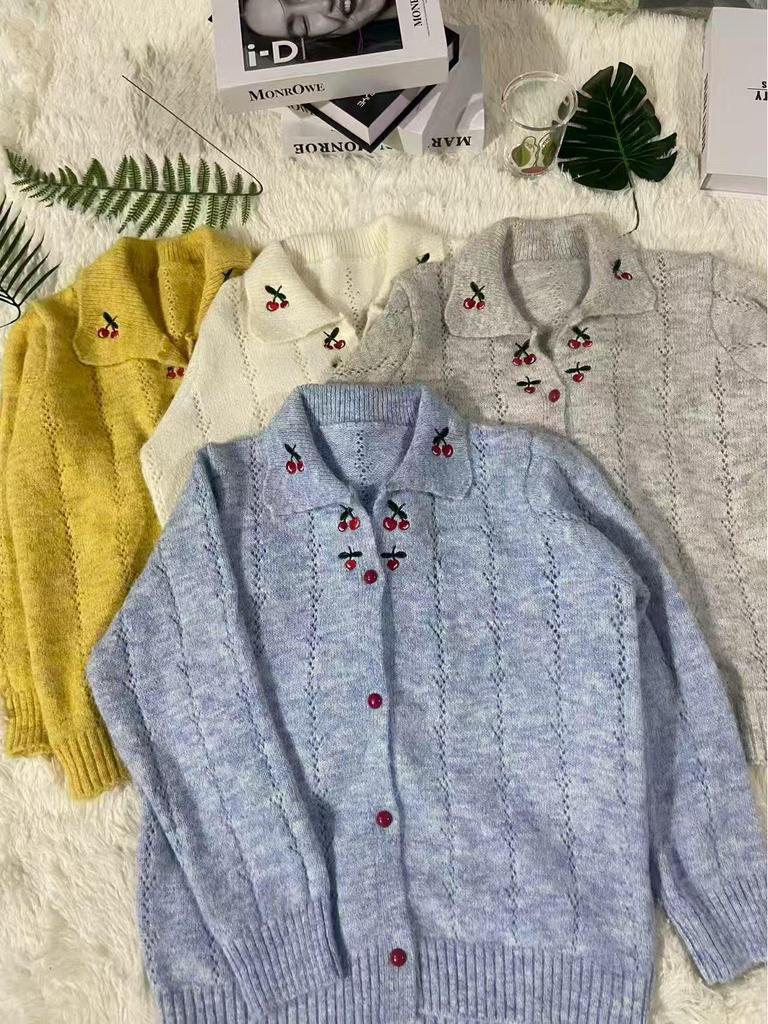 Women's Loose Fit Embroidered Cherry Cardigan