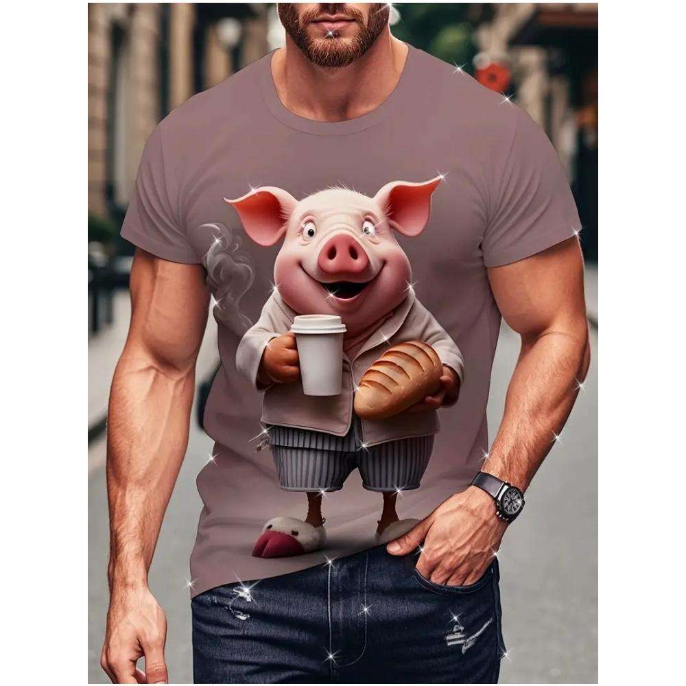 Herren Lustiges Schwein T-Shirt Niedliche Cartoon 3D Druck Kurzarm für Mann Rundhals T-Shirts Polyester Oberteile Outdoor Schnelltrocknend Herrenbekleidung