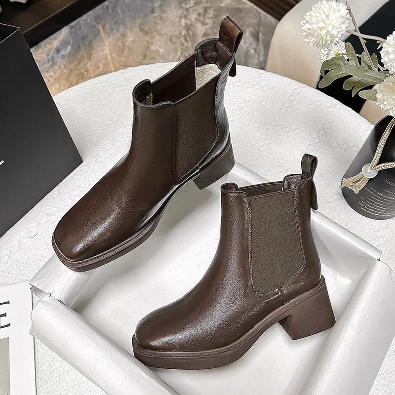 New square head British style short boots leather CM thick heel Chelsea boots children's black soft-soled Martin boots