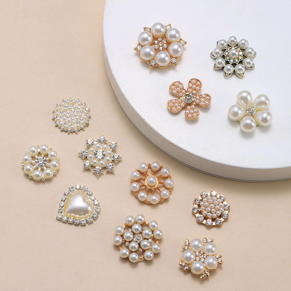 10PCS Flower-shaped Pearl Rhinestone Buttons Sparkling Crystal Hairpins Decoration Buttons Clothes Apparel Sewing Accessories