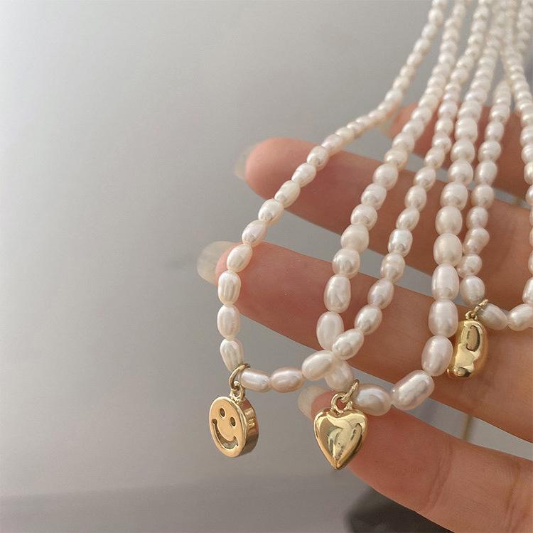 Women's Fairy Pearl Heart Pendant Necklace - Cool Choker Style with Smiley Face and Acacia Bean Clavicle Chain