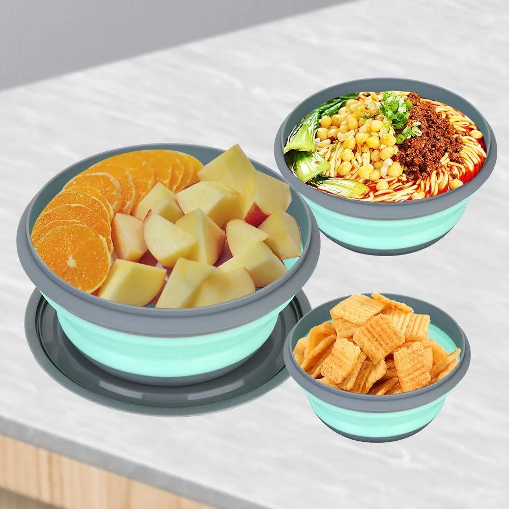 Silicone Folding Bowl with Lid, Salad Bowl Set, Foldable Lunch Box, Portable, 3 Pcs