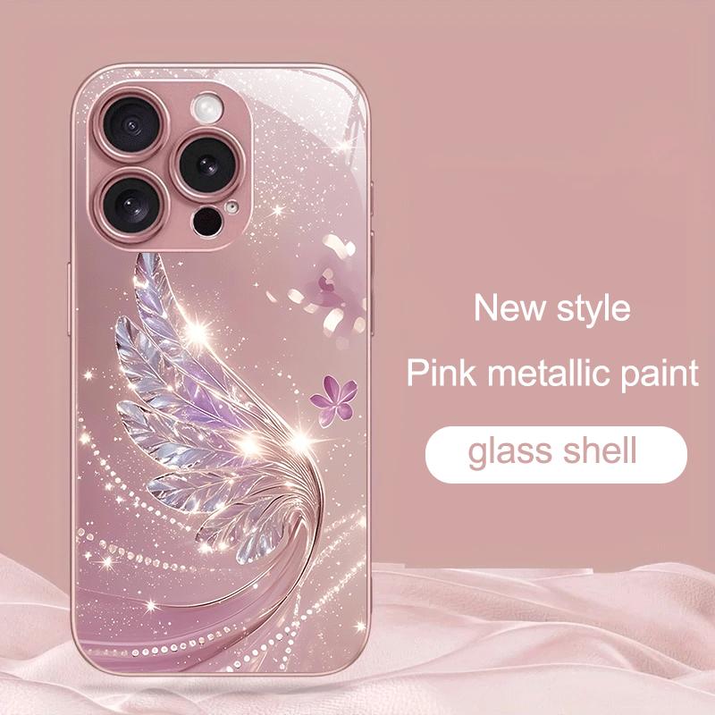 Pink Iridescent Feather Wing Pattern Pink Metallic Paint Hard Phone Case Suitable for iPhone 17 16 15 14 13 12 11 Etc