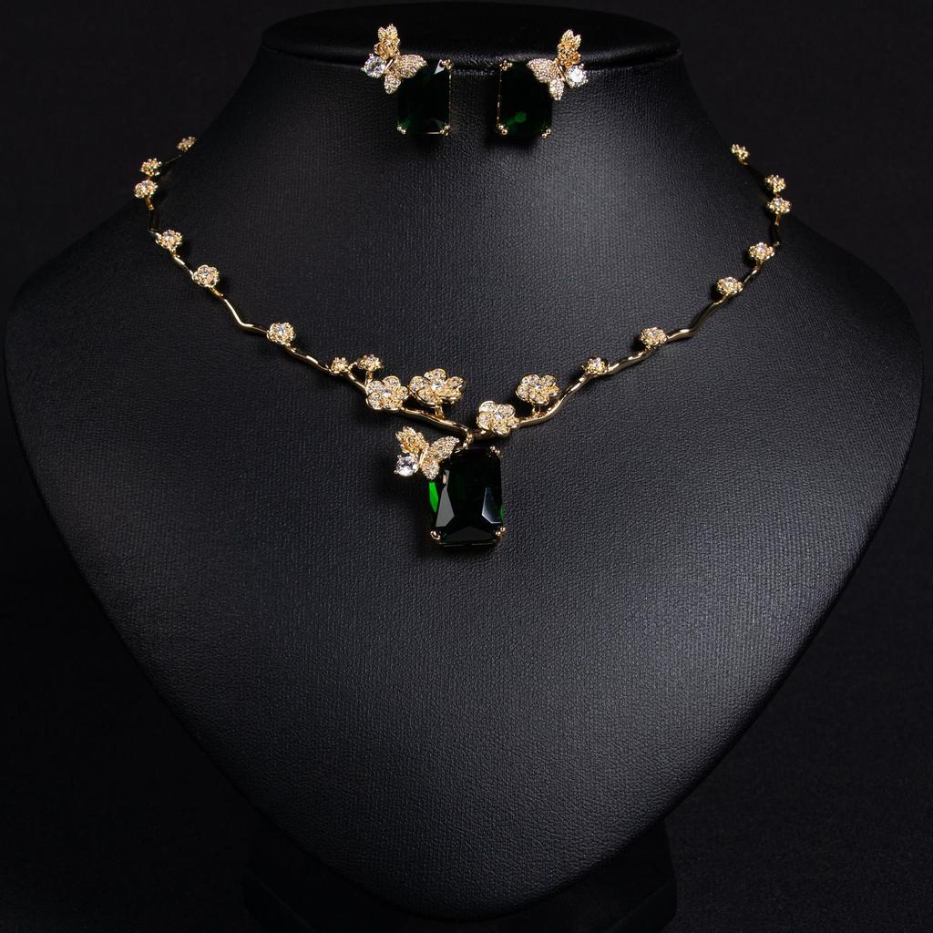 Ruby Necklace Earrings Set Simple Versatile Fashion Square Zircon Necklace Clavicle Chain