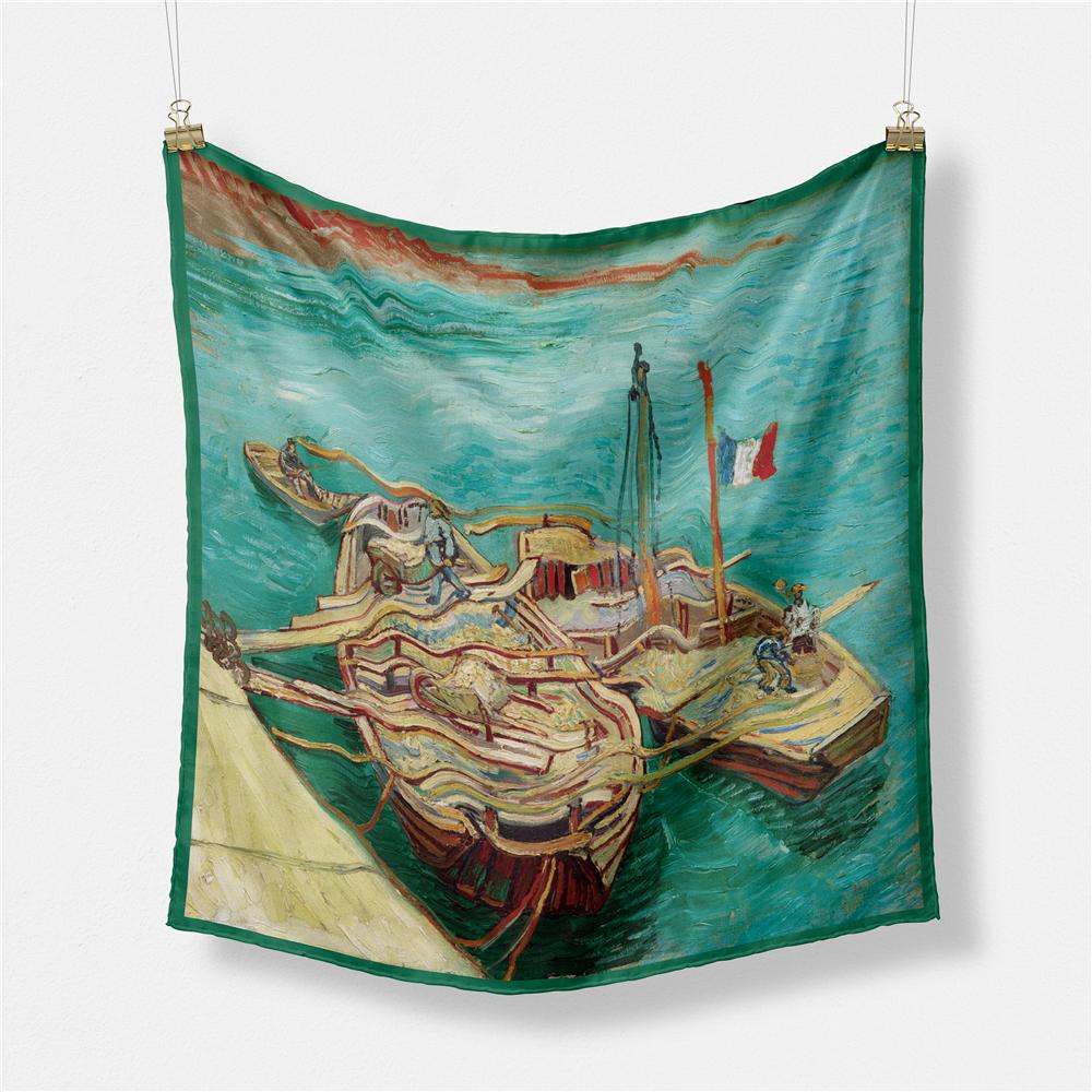 POBING Twill Silk Scarf Women Oil Painting Square Scarves Wraps Bandana Small Hijab Lady Foulards Tie Headband Neckerchief 53CM