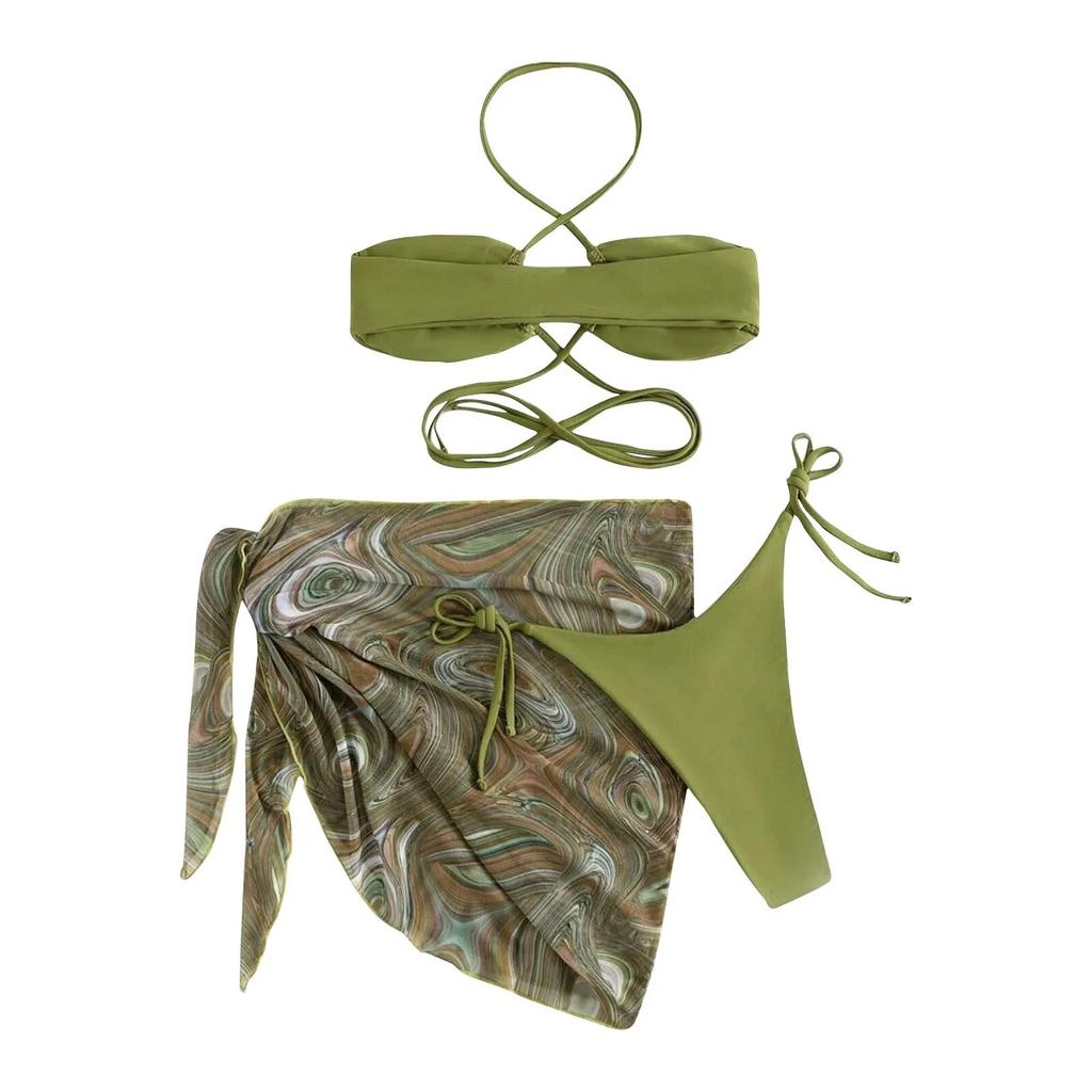 Women's Fashion Drawstring Lace Short Skirt Mesh Bikini Swimwear Set (3 Piece Set with Chest Cushion Without Steel Bracket)