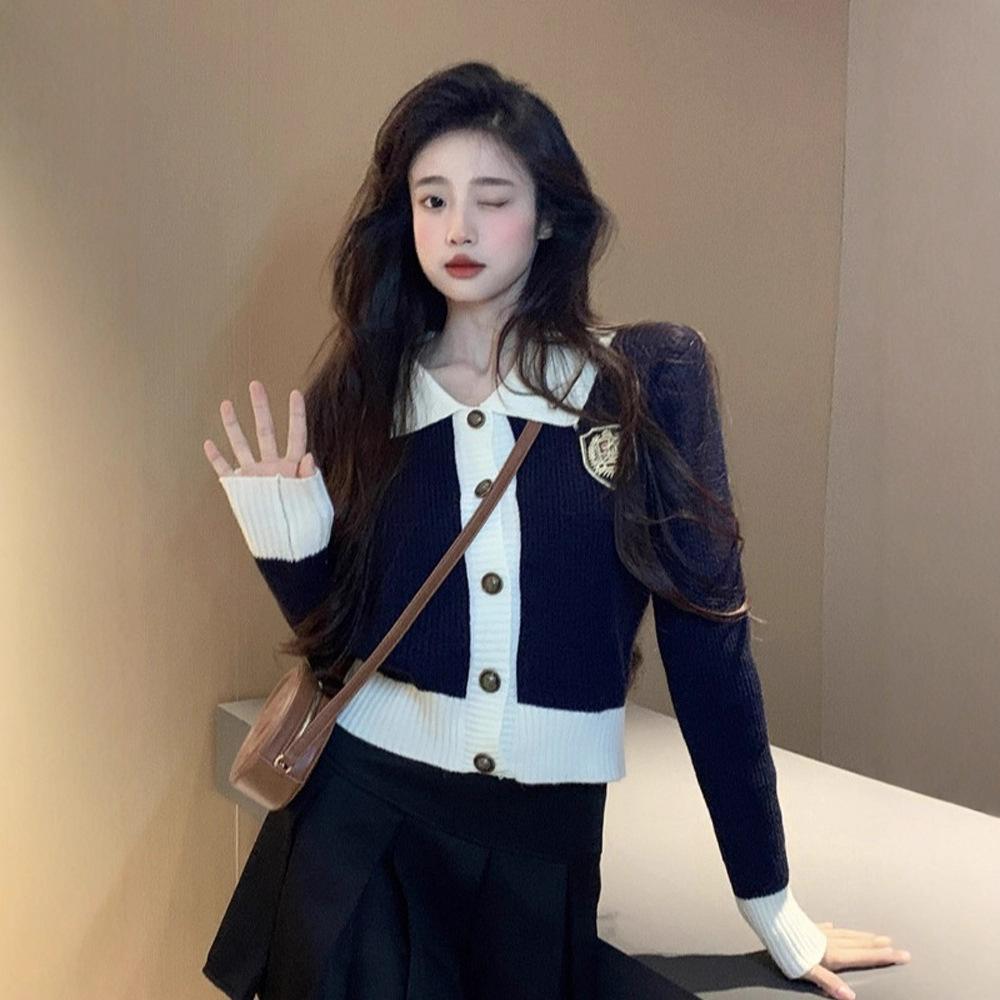 

College style gray knitted cardigan women s autumn new sweet lapel small sweater jacket one size fits all Темно-синій