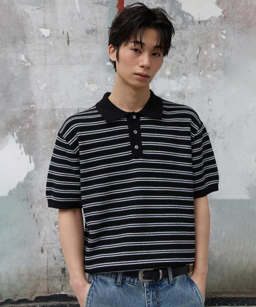 AGOD Collar Button Stripe Half Knit [Black]