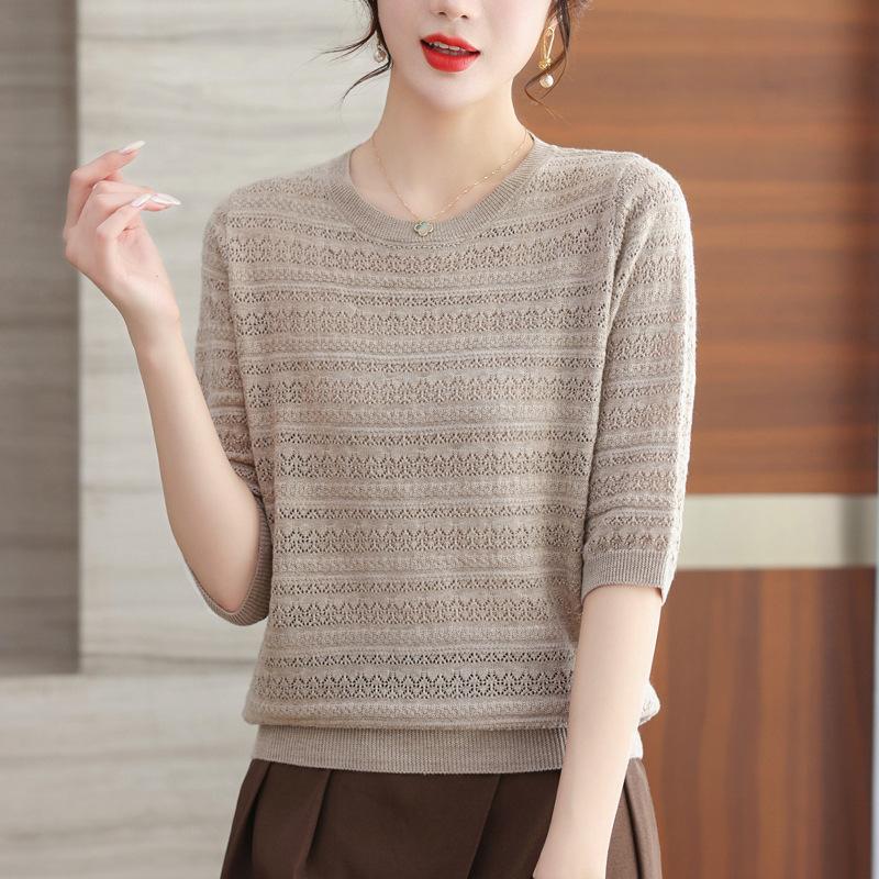 Summer Casual Hollow T-shirt Spring and Summer Mid Sleeve Knitted Sweater for Women