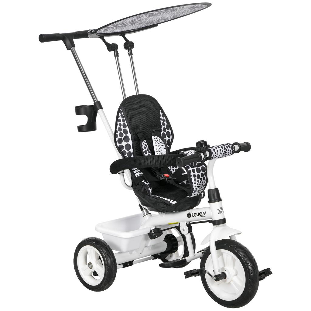 6-in-1 Children's Tricycle, Push Bar, Canopy, Harness, Storage Basket, 1-5 Years, White