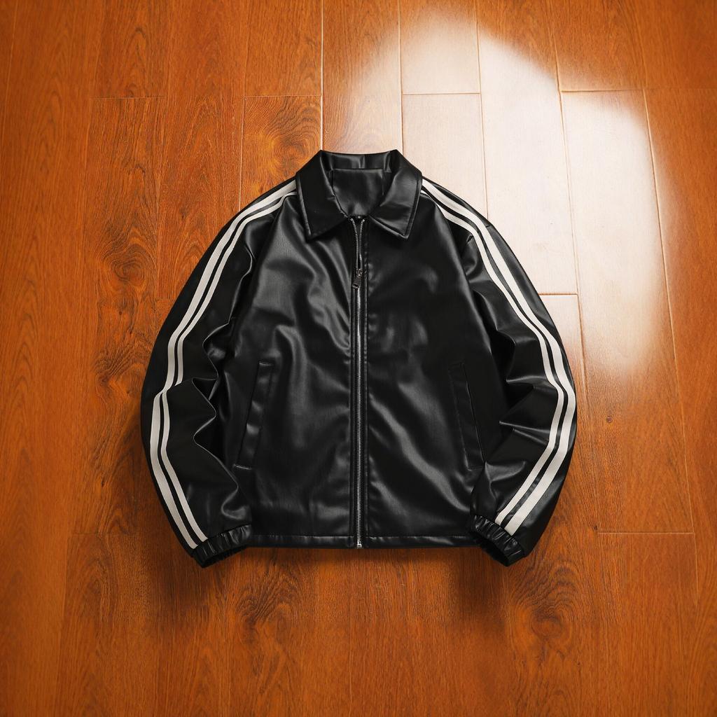 New Men's Striped Leather Jacket Explosive Striped Men's Faux Leather Jacket