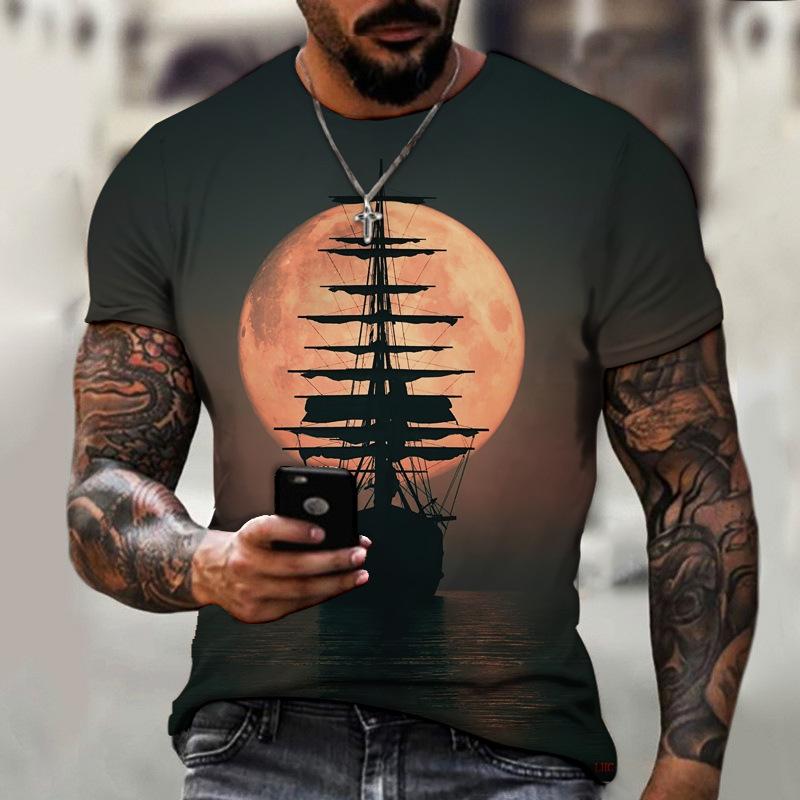 Vintage T-Shirts Men Spring Clothing Boat Graphic Apparel Streetwear Men's Clothing Casual Short Sleeve Tops For Male Shirt Tees