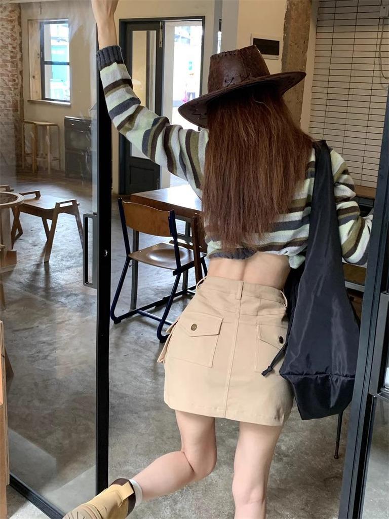 High-Waisted Khaki Mini Skirt for Women - Autumn 2023 American Style