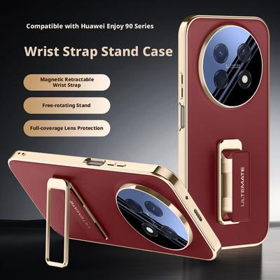 For Huawei Enjoy 90 Pro Plus Max Case Shield Full Lens Protection Finger Grip Strap Metal Bracket Kickstand Vegan Leather Cover