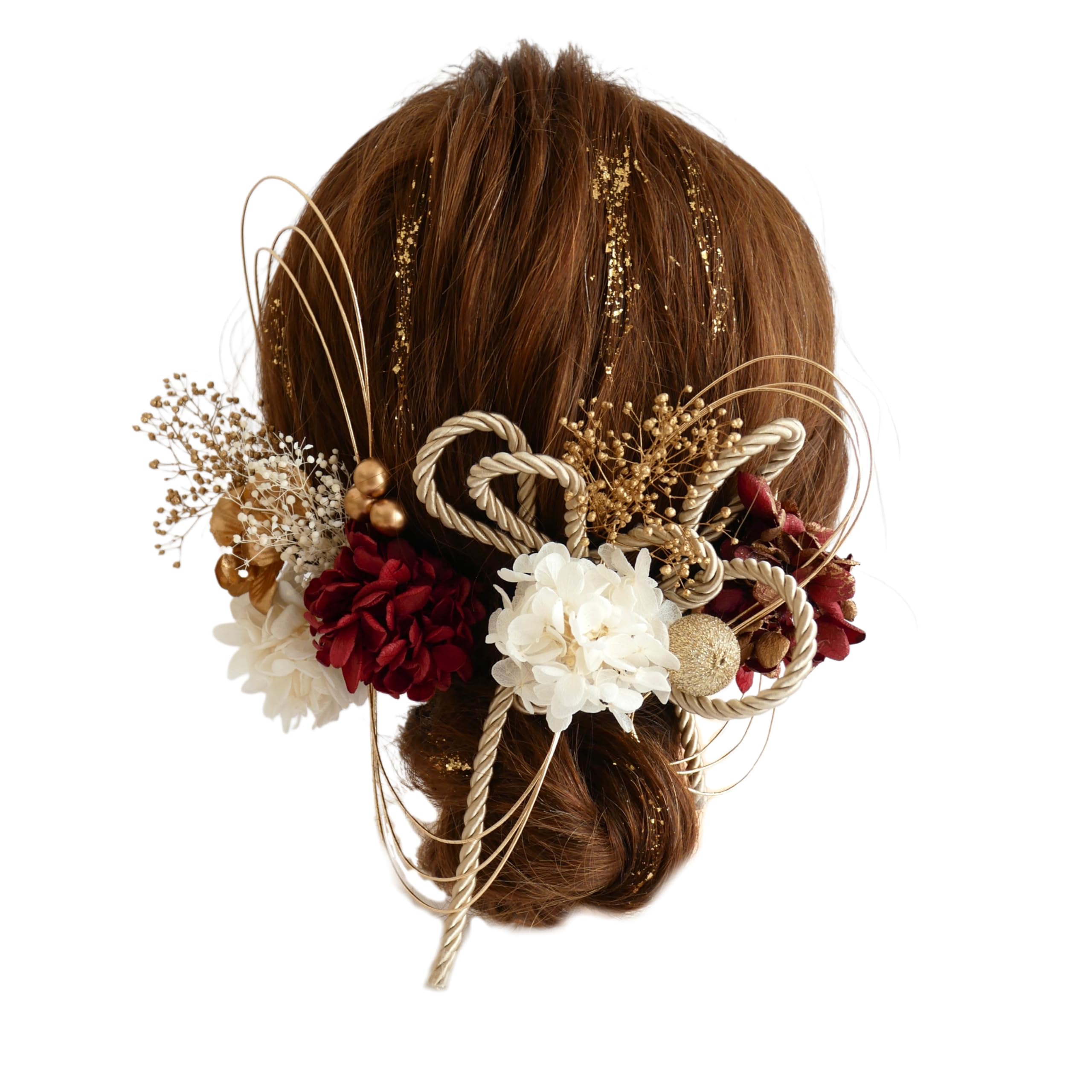 

Preserved Flower Hair Ornament with Gold Leaf and Braided Cord for and Japanese Clothing [Bria] (Red) Coming-of-Age Ceremonies, Graduations, Weddings,