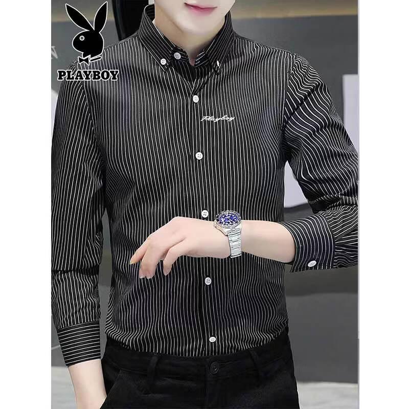 Playboy Men s Long Sleeve Striped Casual Shirt 4XL