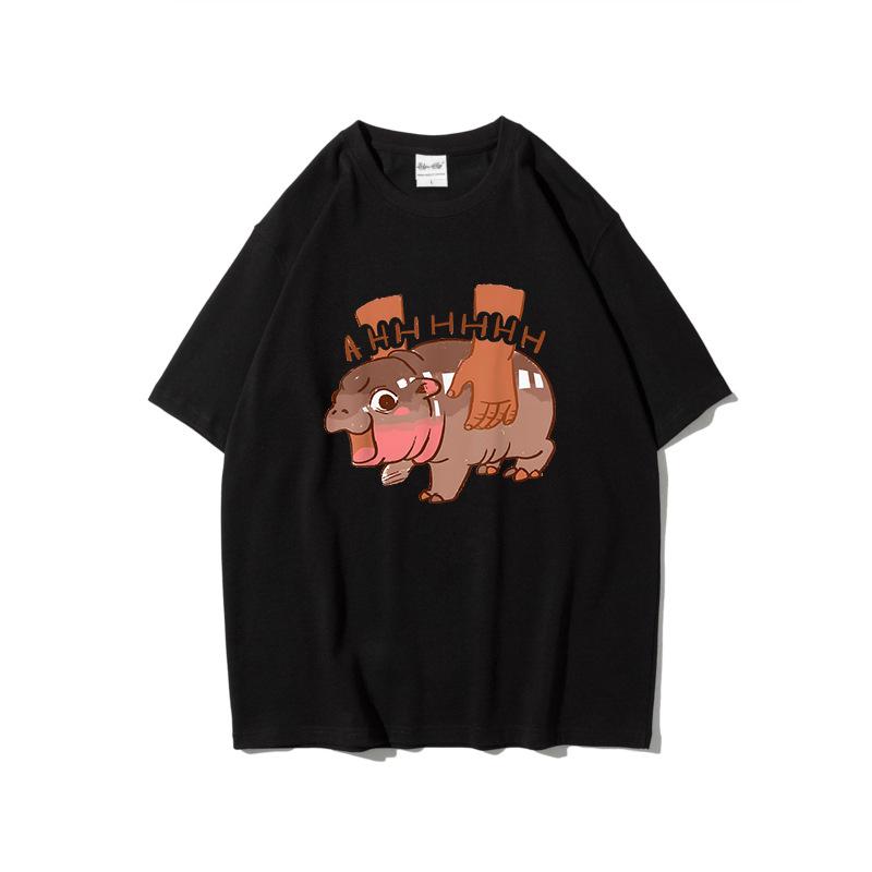 Summer Pure Cotton Short Sleeved Creative Trend Bouncing Pig Moo Deng Printed Round Neck Sports Shirt Casual Versatile T-Shirts Women’s