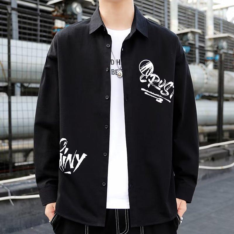 

Men Graffiti Letter Print Long Sleeve Button Down Shirt Oversized Casual Lapel Shirt for Men M чёрный
