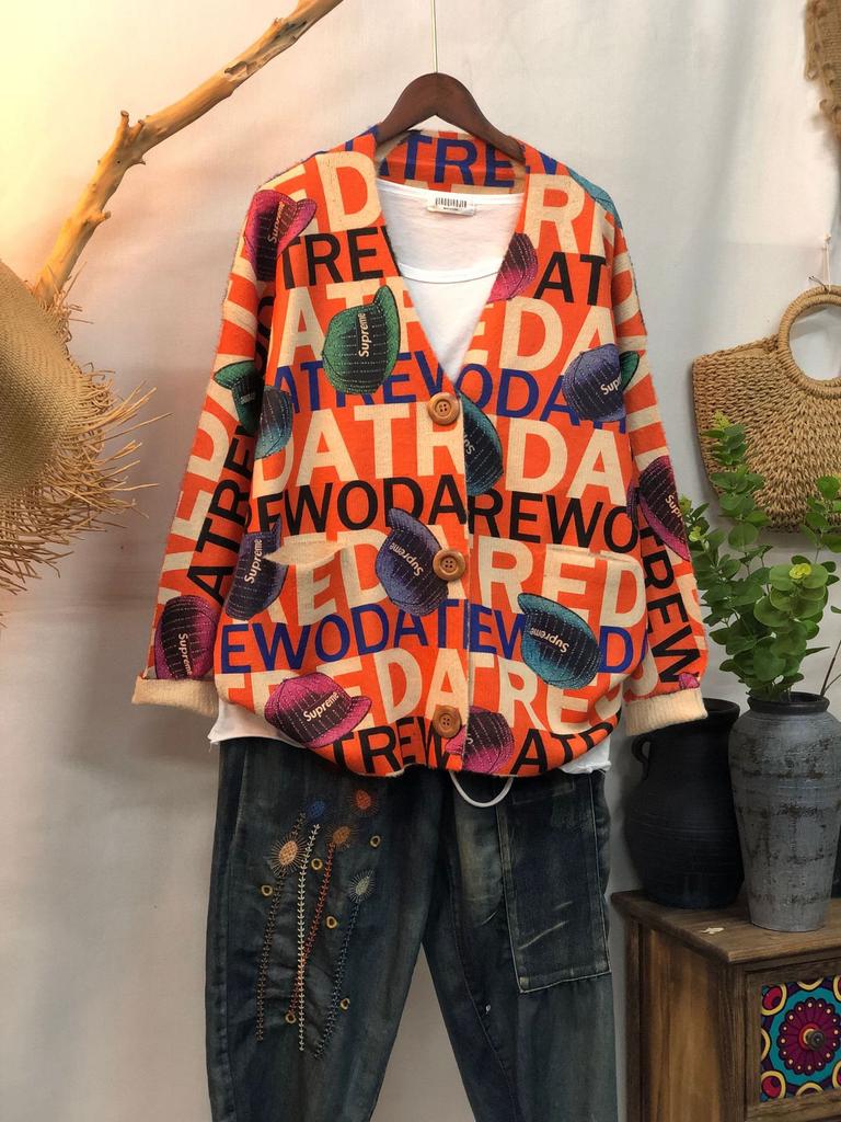Factory new autumn and winter cute printed imitation mink velvet jacket women's Korean version loose lazy sweater