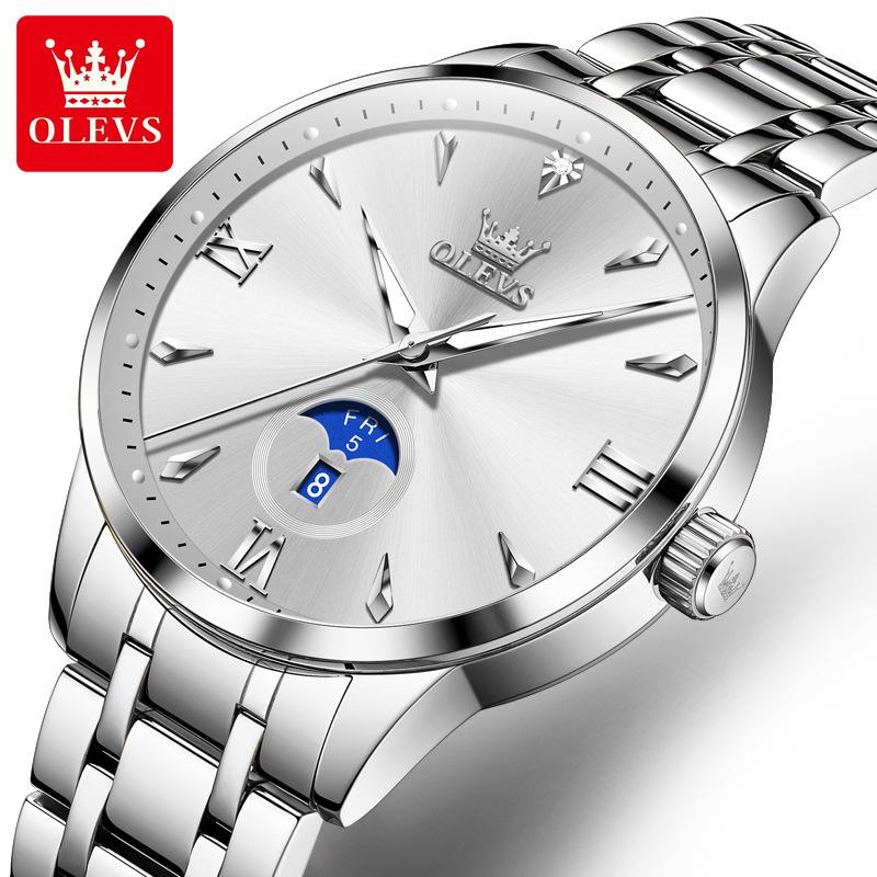 

OLEVS Оригинальные модные кварцевые часы для мужчин с дисплеем даты и недели, водонепроницаемые светящиеся наручные часы с ремешком из нержавеющей стали белый/серебряный