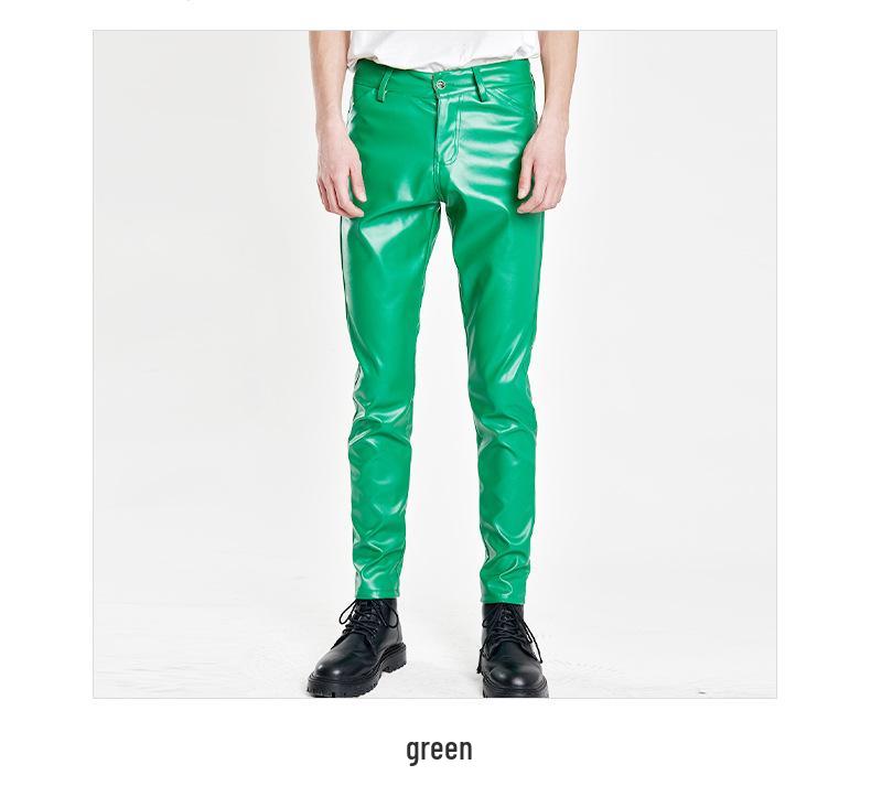 Spring/Summer Men's Slim Fit Elastic Leather Pants - Green Bar Orange, Breathable & Lightweight