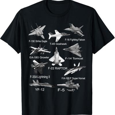 UnisexS F22 Raptor F14 Tomcat Fighter Jet Graphic TShirt Black with Metallic Silhouette Design Casual Crew Neck TShirt