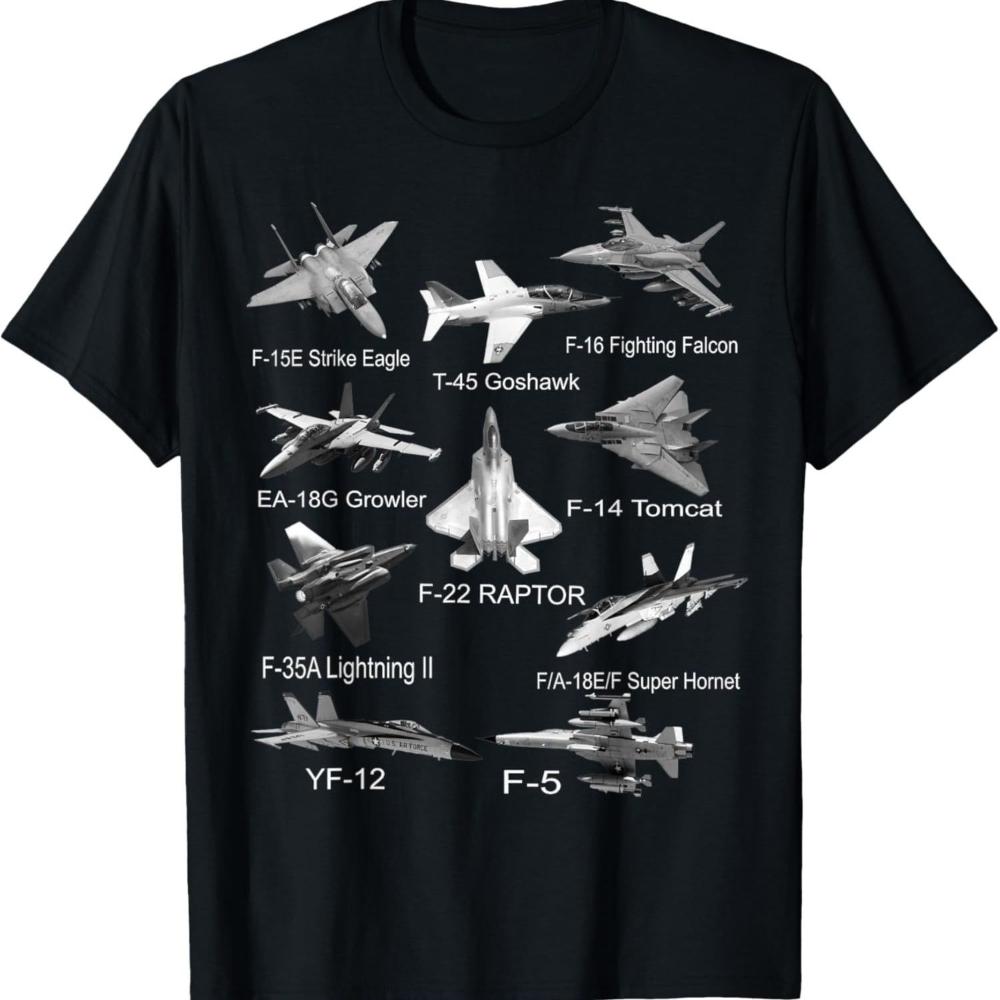 UnisexS F22 Raptor F14 Tomcat Fighter Jet Graphic TShirt Black with Metallic Silhouette Design Casual Crew Neck TShirt 3XL