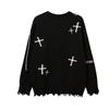 Dark Academia Knit Sweater With Cross Motif Distressed Fringe Loose Fit Warm Fleece-Like Acrylic Pullover Teens