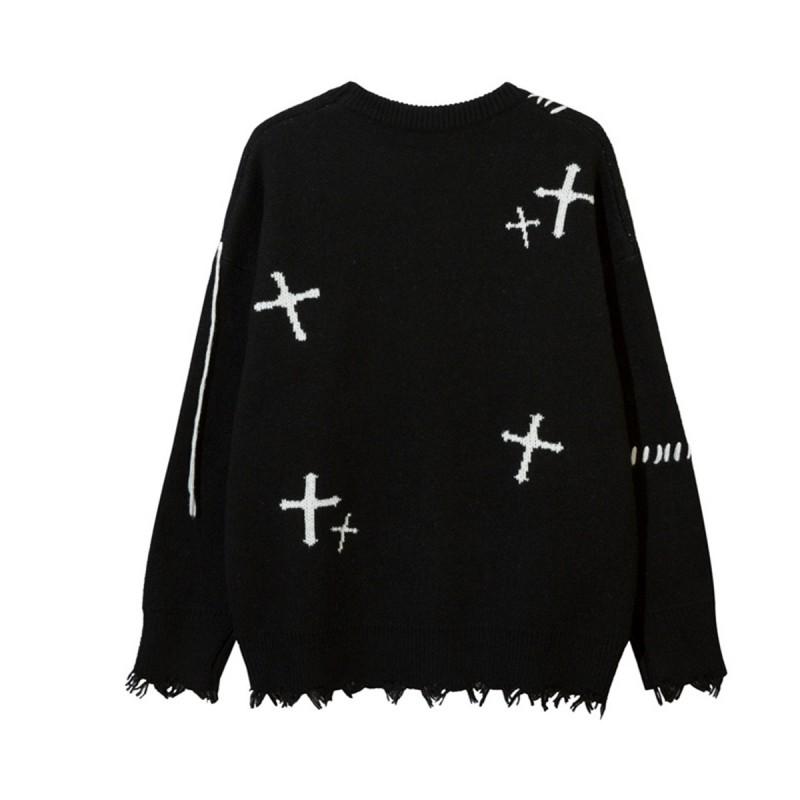 Dark Academia Knit Sweater With Cross Motif Distressed Fringe Loose Fit Warm Fleece-Like Acrylic Pullover Teens